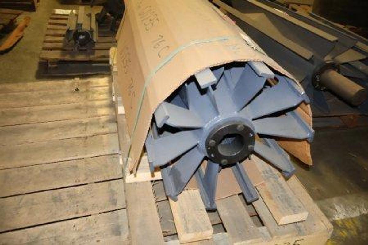 Used Steel winged conveyor pulley. 17 1/2" diameter x 51"W. Features heavy-duty welded steel construction with a keyed hub bushing.