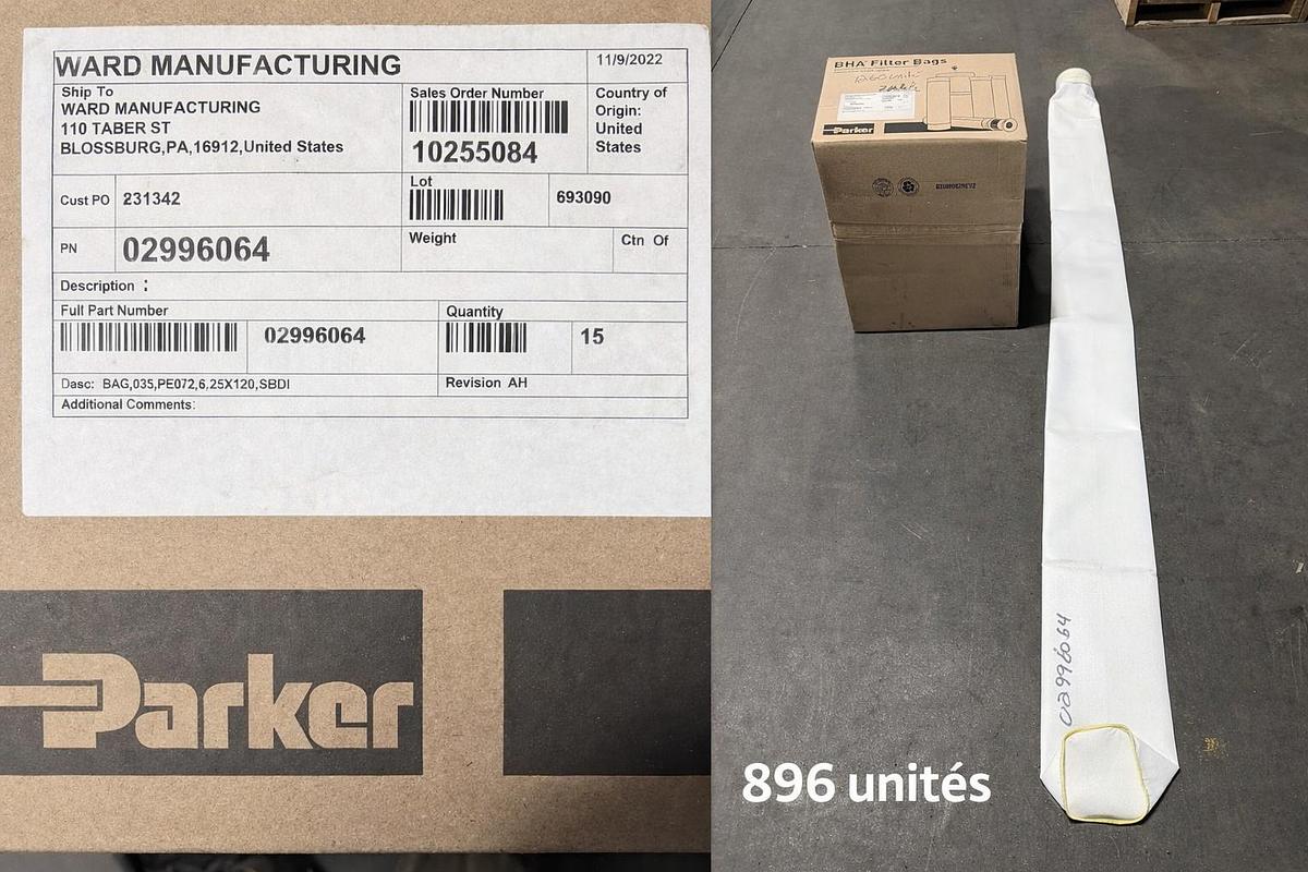 896 sacs filtrants industriels Parker – 6.25 po × 120 po – Neufs en boîte
