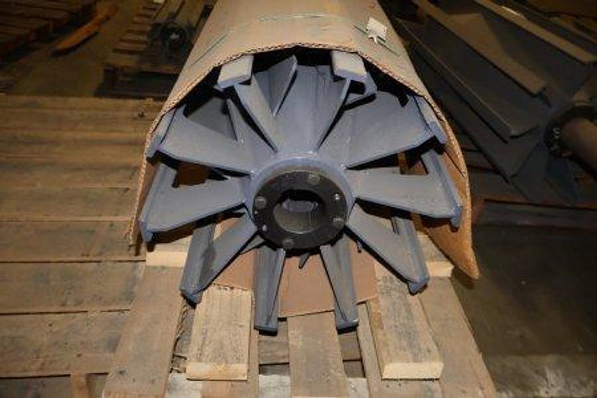 Used Steel winged conveyor pulley. 17 1/2" diameter x 51"W. Features heavy-duty welded steel construction with a keyed hub bushing.