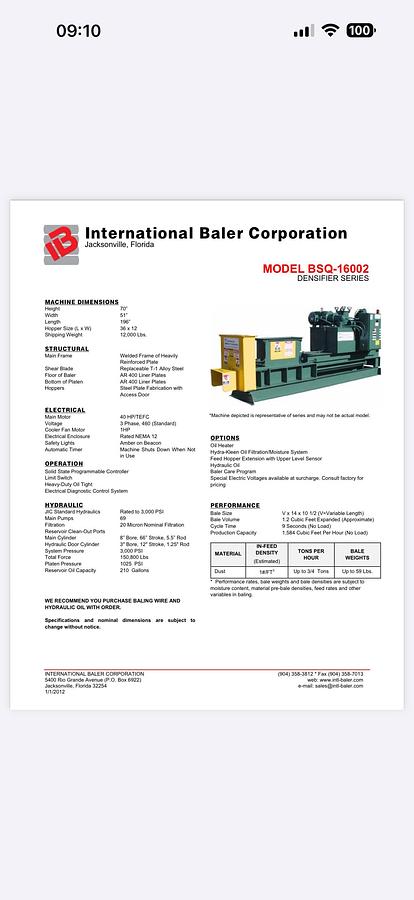 Used Densificateur Bisquitter International Baler Corporation BSQ-16002