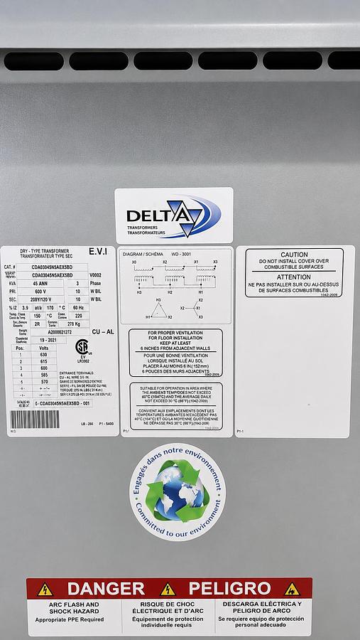 Transformateur sec triphasé Delta 45 kVA 600 V – 208Y/120 V