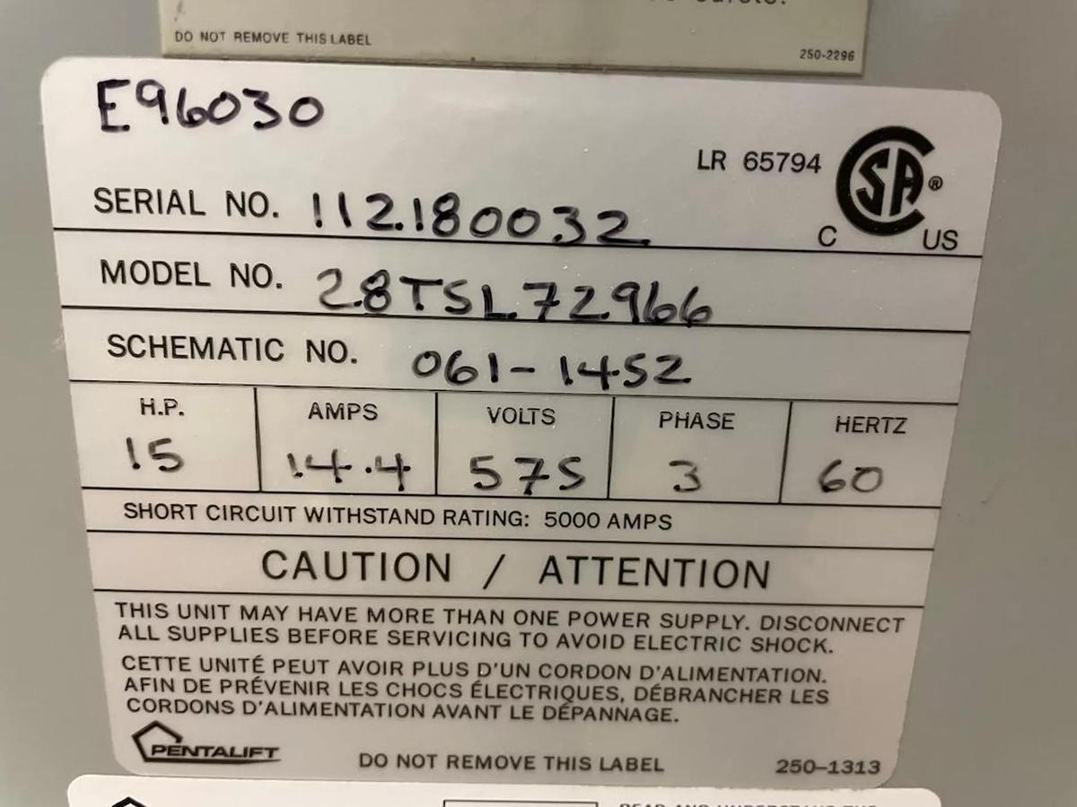 Used Hydraulic Power Unit Pentalift 15 HP 575V 3PH with pendant control