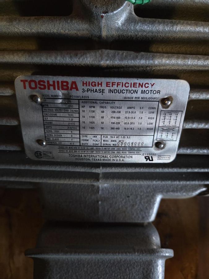Used Industrial Busch RCO250 vacuum pump, 10 HP motor, 180 CFM flow