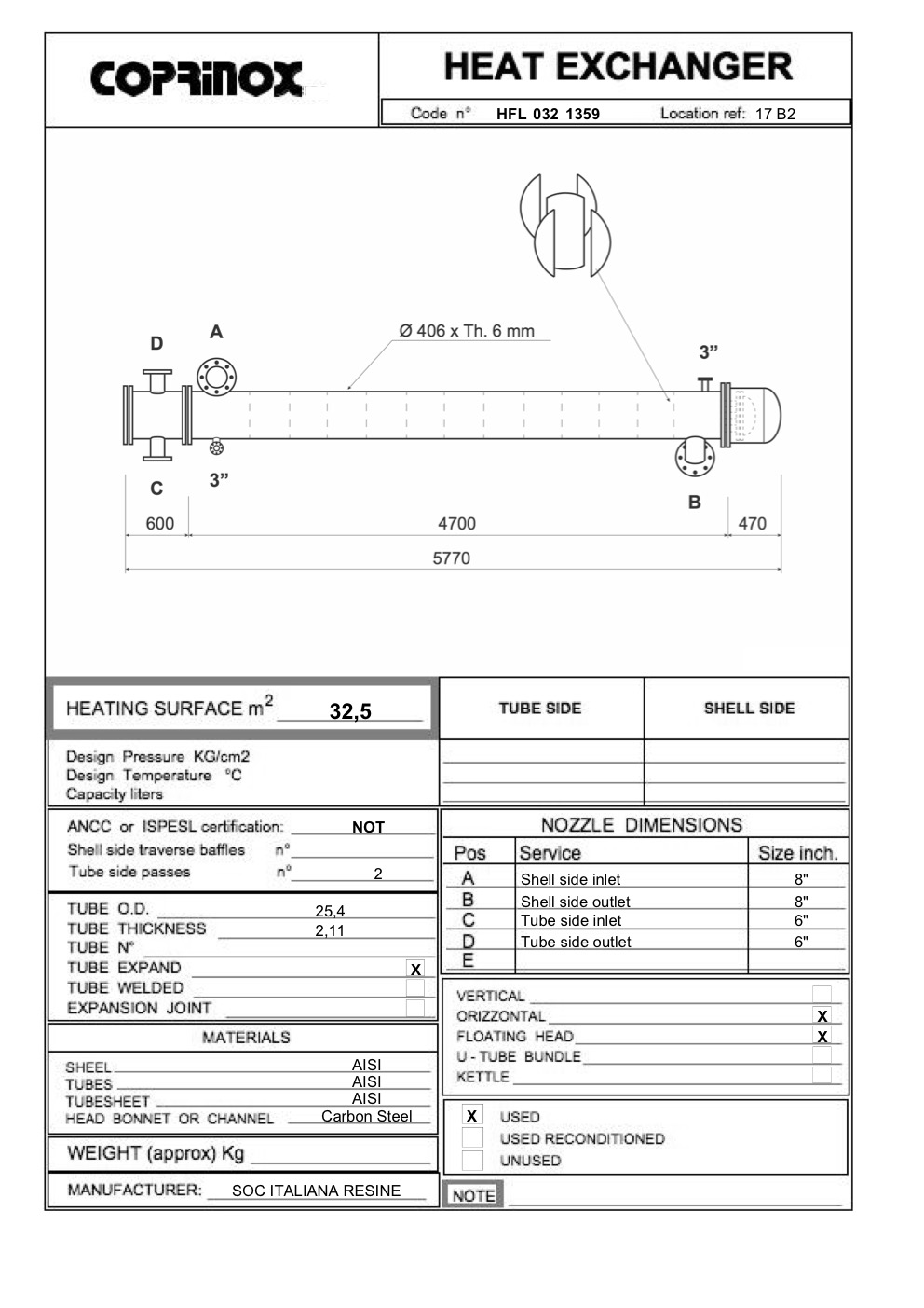 Used SOC ITALIANA RESINE heat exchanger 32.5 square meters