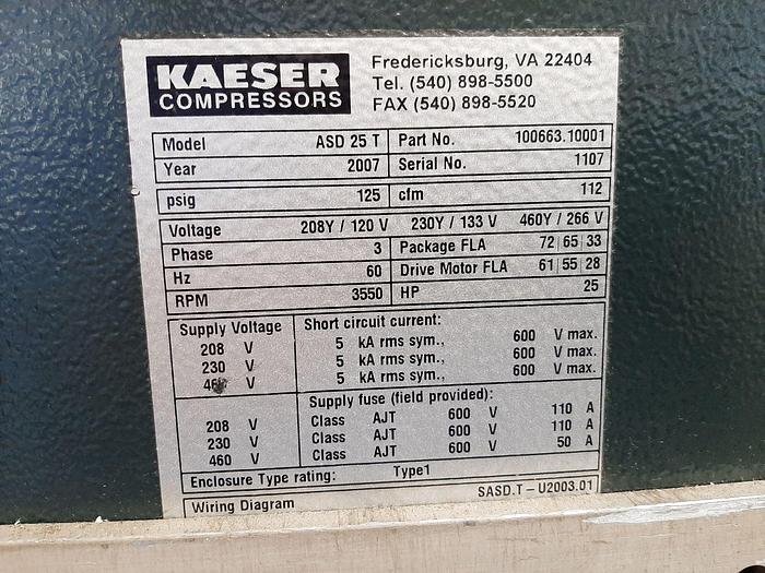 Used Compressor, Air, 25 HP, Kaeser, Mdl ASD 25, 125 PSI #C744914