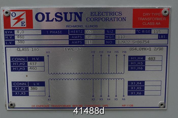 Used Olsun Electrics 3R Dry Type Transformer, 4 KVA #41488