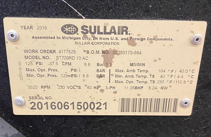 Used 2016 Sullair 10HP AIr Compressor & Sullair Dryer ST709 AC
