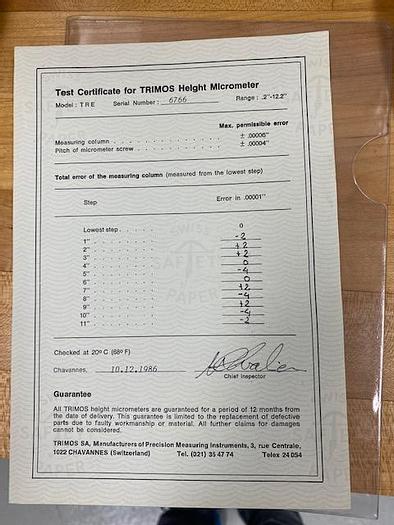 Used Trimos Fowler   Height-Micrometer with Riser Block 12"  Certified Unit
