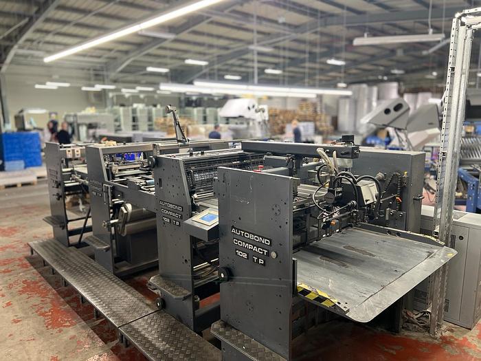 Used 2004 AUTOBOND 102 COMPACT Thermal Laminator, Sheet Size 72 x 102cm, Heidelberg Deep Pile Stream Feeder, Double Sided Laminator, 2 x Film Unwinds, Tool Temp Unit, Auto Sheeter, Deep Pile Stacker Delivery