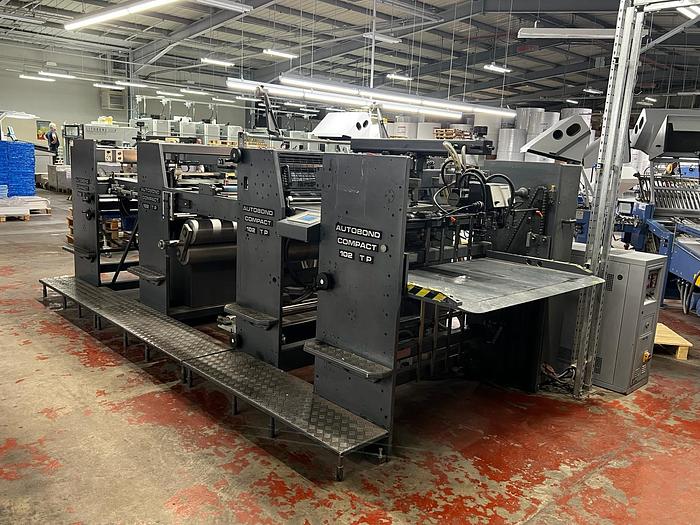 Used 2004 AUTOBOND 102 COMPACT Thermal Laminator, Sheet Size 72 x 102cm, Heidelberg Deep Pile Stream Feeder, Double Sided Laminator, 2 x Film Unwinds, Tool Temp Unit, Auto Sheeter, Deep Pile Stacker Delivery
