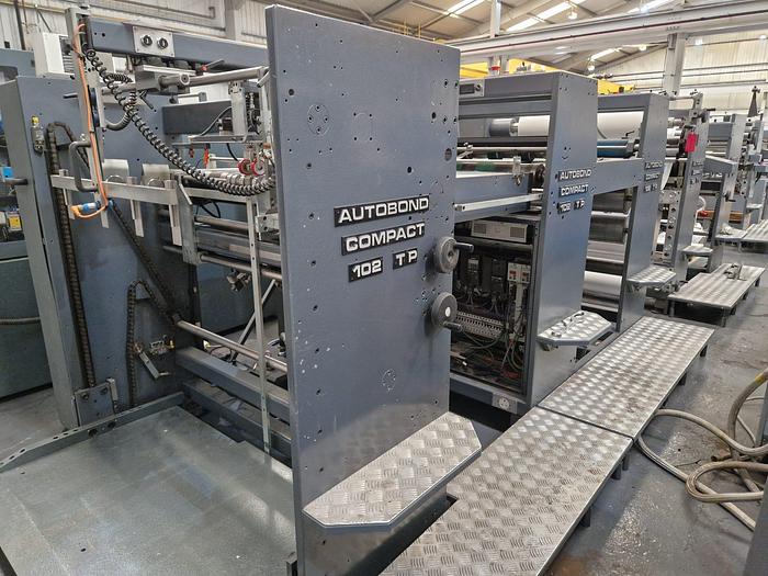Used 2005 AUTOBOND 102TP Thermal Laminator, Sheet Size 102 x 76cm, Heidelberg Deep Pile Stream Feeder, Double Sided Laminator, 2 x Film Unwinds, Auto Sheeter, Deep Pile Stacker Delivery
