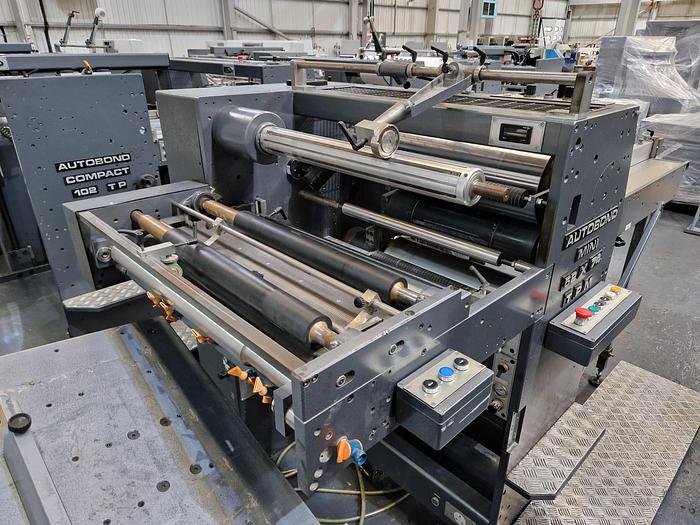 Used 2008 AUTOBOND MINI 74T Thermal Laminator, Sheet Size 54 x 74cm, Suction Wheel Feeder, Film Unwind, Tool Temp Exchanger, Auto Sheeter, Jogger Delivery 