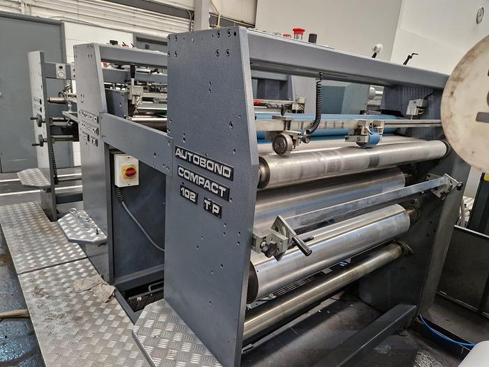 Used 2005 AUTOBOND 102TP Thermal Laminator, Sheet Size 102 x 76cm, Heidelberg Deep Pile Stream Feeder, Double Sided Laminator, 2 x Film Unwinds, Auto Sheeter, Deep Pile Stacker Delivery