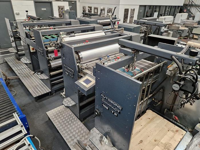 Used 2005 AUTOBOND 102TP Thermal Laminator, Sheet Size 102 x 76cm, Heidelberg Deep Pile Stream Feeder, Double Sided Laminator, 2 x Film Unwinds, Auto Sheeter, Deep Pile Stacker Delivery
