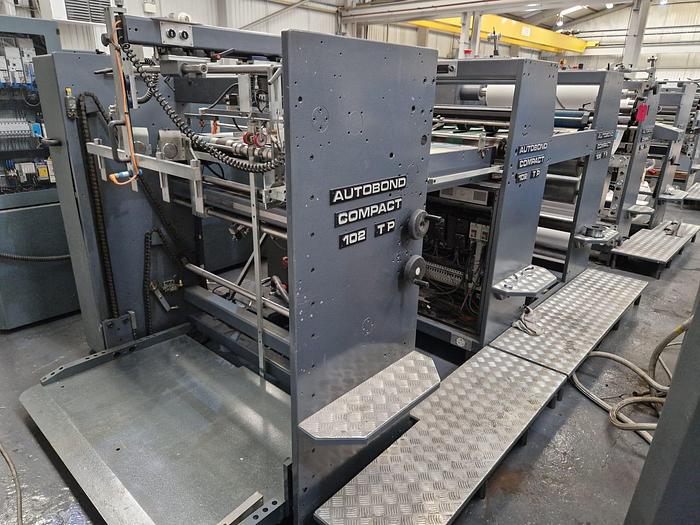 Used 2005 AUTOBOND 102TP Thermal Laminator, Sheet Size 102 x 76cm, Heidelberg Deep Pile Stream Feeder, Double Sided Laminator, 2 x Film Unwinds, Auto Sheeter, Deep Pile Stacker Delivery