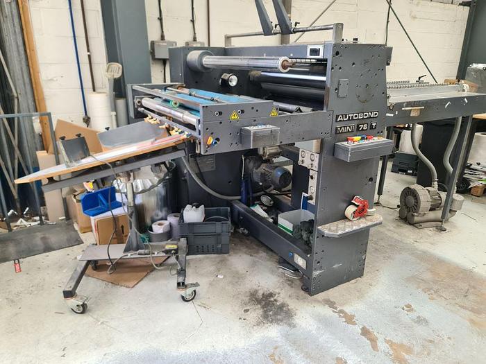 Used 2010 AUTOBOND MINI 76T Thermal Laminator, Sheet Size 76 x 102cm, Suction Wheel Feeder, Single Sided, Film Unwind, Tool Temp Heat Exchanger, Auto Sheeter, Jogger Delivery