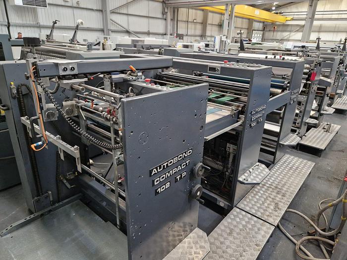 Used 2005 AUTOBOND 102TP Thermal Laminator, Sheet Size 102 x 76cm, Heidelberg Deep Pile Stream Feeder, Double Sided Laminator, 2 x Film Unwinds, Auto Sheeter, Deep Pile Stacker Delivery