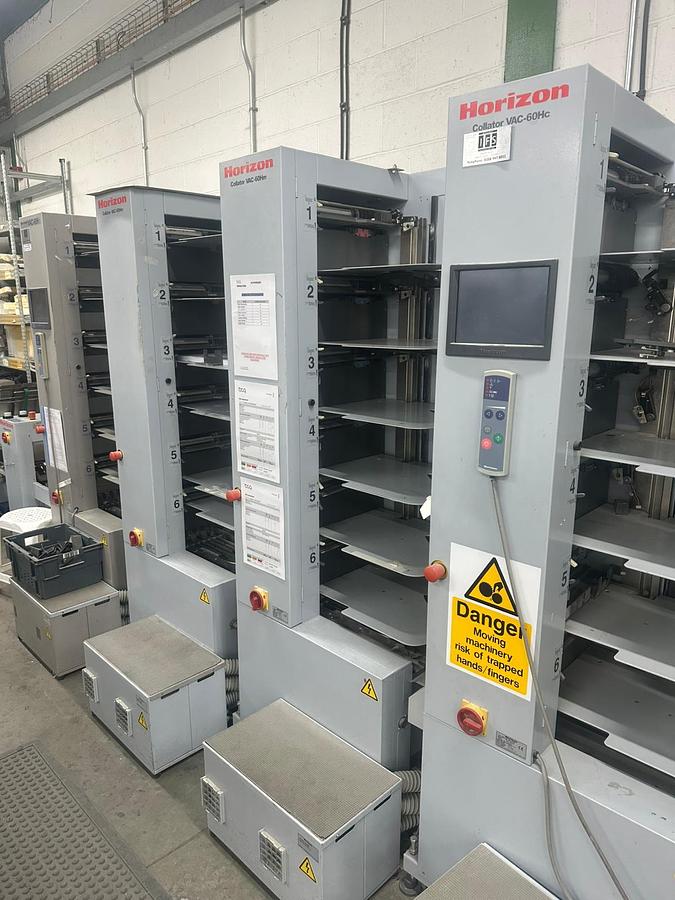 Used Horizon Stitchliner Bookletmaker 24 Station Collator , Fold , Stitch, Three knife trim