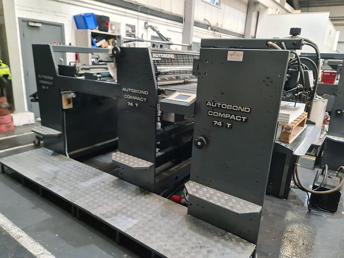 Used 2003 AUTOBOND COMPACT 74T  Thermal Laminator, Sheet Size: 52 x 74cm, Single Sided, Heidelberg Deep Pile Stream Feeder, Heat Exchanger, Auto Sheeter, Jogger Delivery