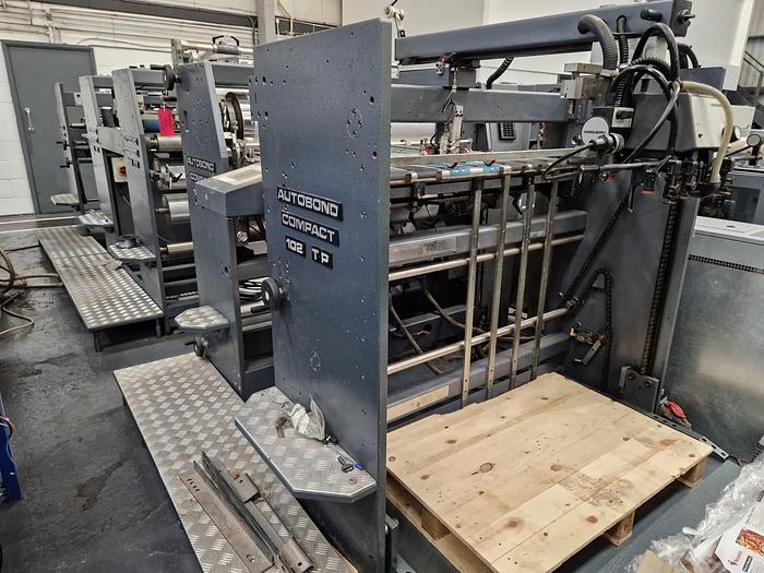 Used 2005 AUTOBOND 102TP Thermal Laminator, Sheet Size 102 x 76cm, Heidelberg Deep Pile Stream Feeder, Double Sided Laminator, 2 x Film Unwinds, Auto Sheeter, Deep Pile Stacker Delivery
