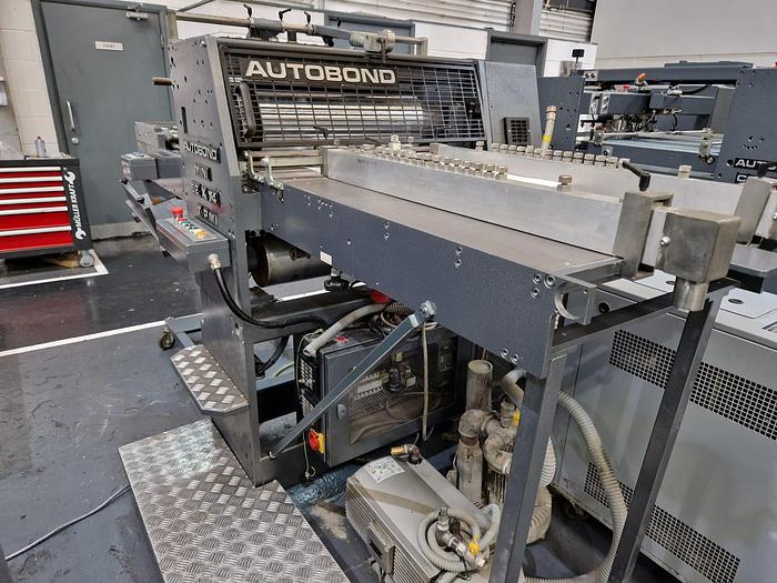 Used 2008 AUTOBOND MINI 74T Thermal Laminator, Sheet Size 54 x 74cm, Suction Wheel Feeder, Film Unwind, Tool Temp Exchanger, Auto Sheeter, Jogger Delivery 