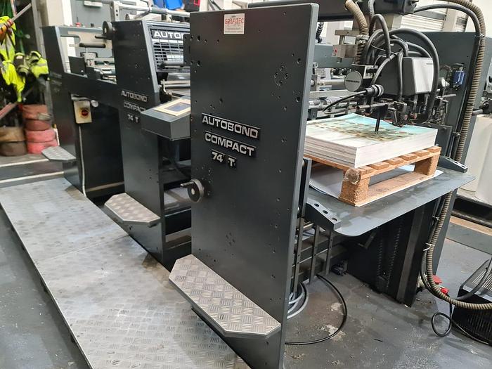 Used 2003 AUTOBOND COMPACT 74T  Thermal Laminator, Sheet Size: 52 x 74cm, Single Sided, Heidelberg Deep Pile Stream Feeder, Heat Exchanger, Auto Sheeter, Jogger Delivery