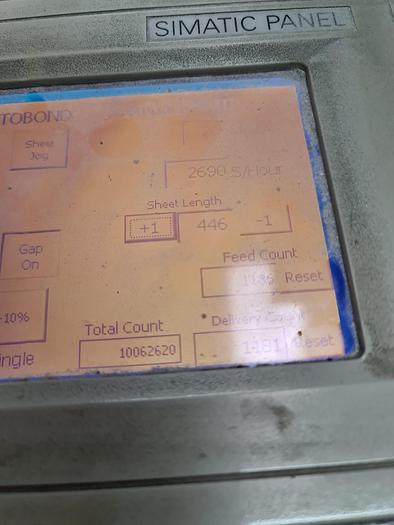 Used 2002 AUTOBOND COMPACT 102TP Thermal Laminator, Sheet Size 102 x 76cm, Heidelberg Deep Pile Stream Feeder, Double Sided Laminator, 2 x Film Unwinds, Auto Sheeter, Jogger Delivery