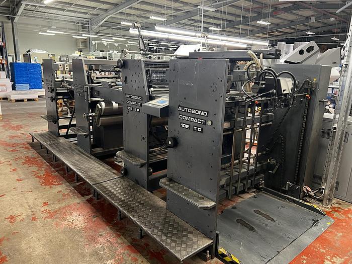 Used 2004 AUTOBOND 102 COMPACT Thermal Laminator, Sheet Size 72 x 102cm, Heidelberg Deep Pile Stream Feeder, Double Sided Laminator, 2 x Film Unwinds, Tool Temp Unit, Auto Sheeter, Deep Pile Stacker Delivery