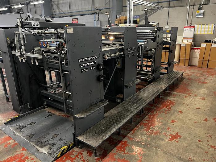 Used 2004 AUTOBOND 102 COMPACT Thermal Laminator, Sheet Size 72 x 102cm, Heidelberg Deep Pile Stream Feeder, Double Sided Laminator, 2 x Film Unwinds, Tool Temp Unit, Auto Sheeter, Deep Pile Stacker Delivery