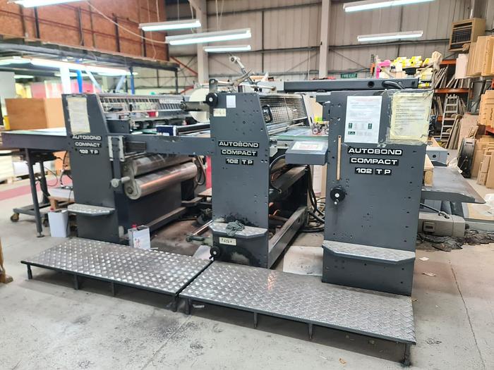 Used 2002 AUTOBOND COMPACT 102TP Thermal Laminator, Sheet Size 102 x 76cm, Heidelberg Deep Pile Stream Feeder, Double Sided Laminator, 2 x Film Unwinds, Auto Sheeter, Jogger Delivery