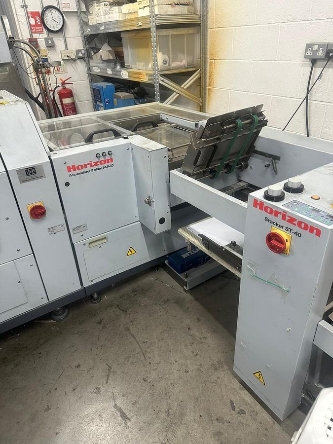 Used Horizon Stitchliner Bookletmaker 24 Station Collator , Fold , Stitch, Three knife trim
