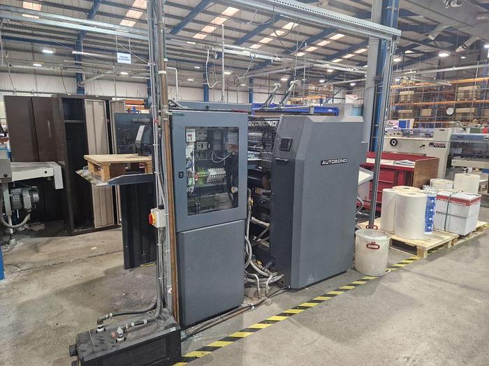 Used 2005 AUTOBOND MINI 74TPH Thermal Laminator, Sheet Size: 54 x 74cm, Heidelberg Deep Pile Stream Feeder, Film Unwind, Tool Temp Exchanger, Auto Sheeter, Jogger Delivery