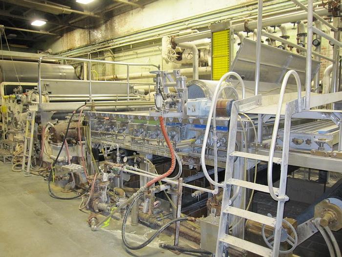 Used Beloit 87" Trim Paper Machine, With Voith Air Pad Headbox 90" Pond, Knockdown Fourdrinier Suction Couch, Suction Press, No Dryer Section, Size Press, 3 Roll Hot, Soft 2500 Pli Calender, Rice Barton Reel, Cameron Winder #27156