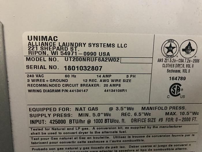 Used 2018 UNIMAC 200LB GAS DRYER