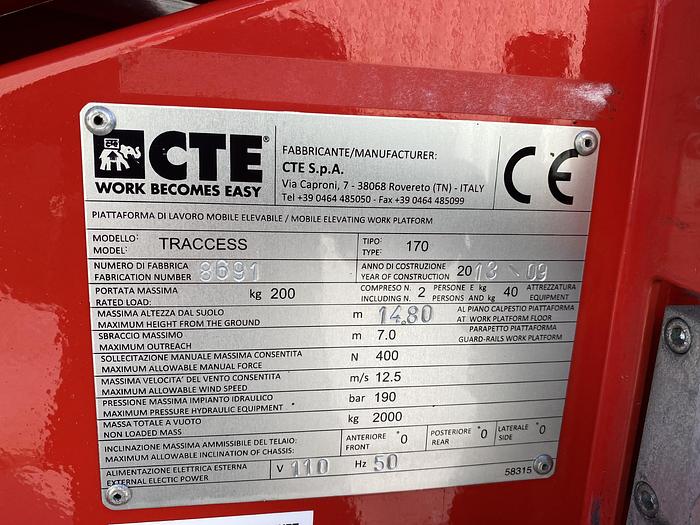 Gebruikt 2013 CTE Traccess 170, Spin hoogwerker, 17 meter