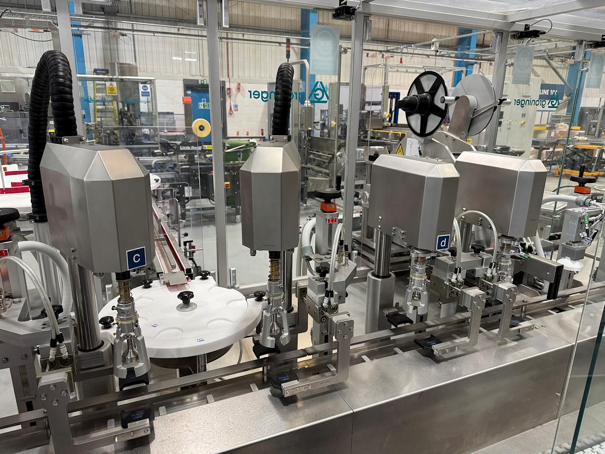 Used J 13000 E - Liquid Filling, Closing and Packaging Line GRONINGER DFV 4005 / MCS 202L / OPTIMA CMF