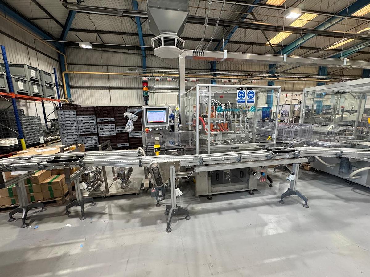 Used J 13000 E - Liquid Filling, Closing and Packaging Line GRONINGER DFV 4005 / MCS 202L / OPTIMA CMF