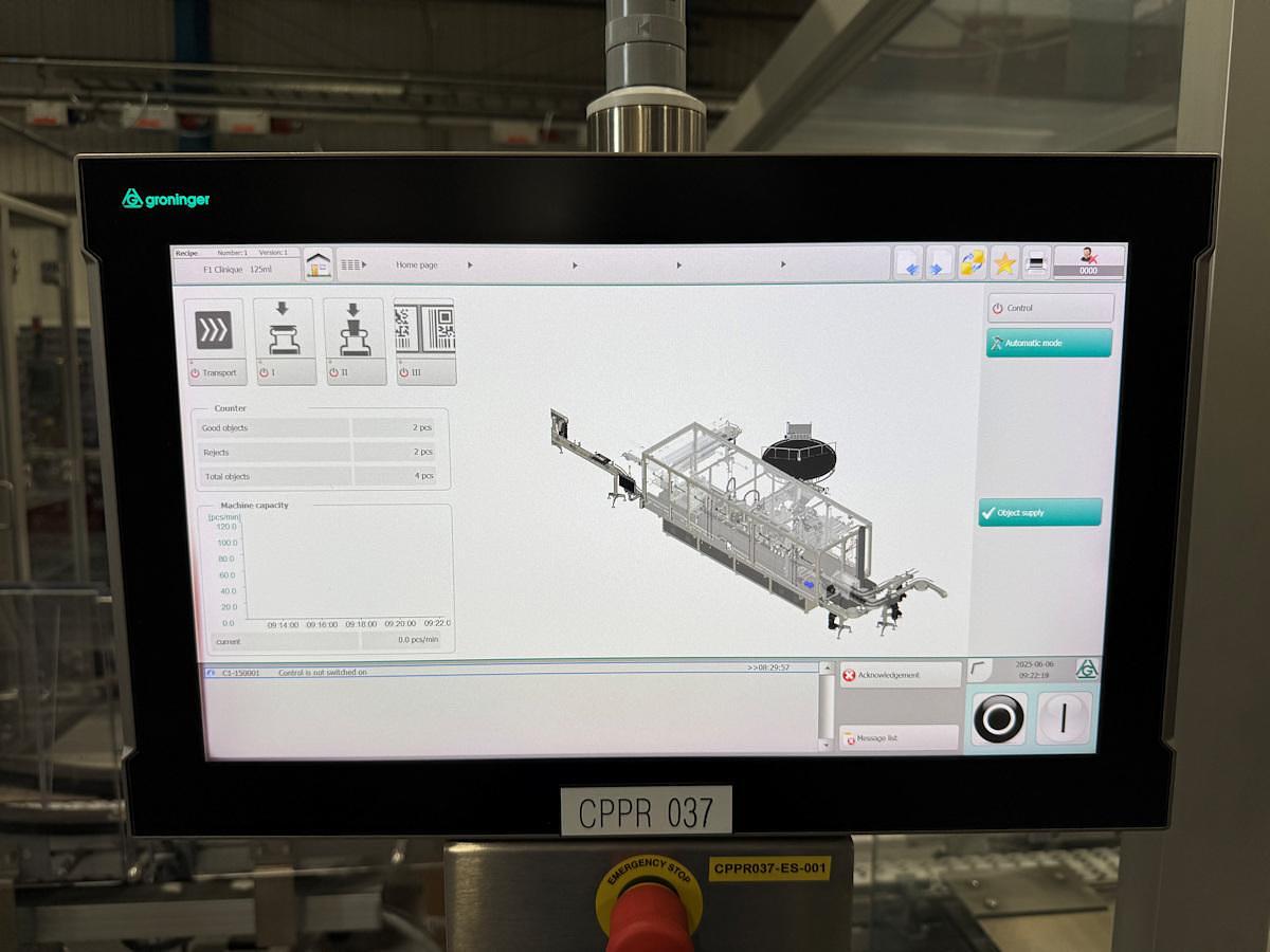 Used J 13000 E - Liquid Filling, Closing and Packaging Line GRONINGER DFV 4005 / MCS 202L / OPTIMA CMF