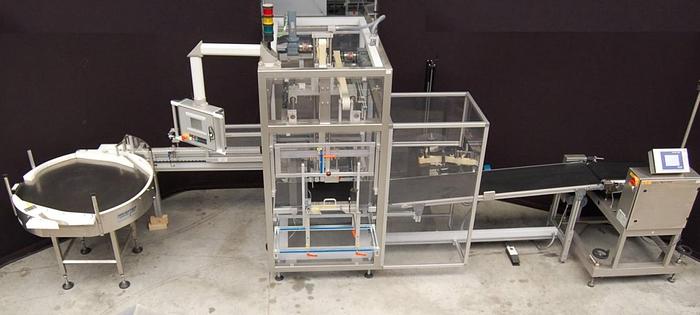 Used N 14816 D - OLI 210 V bottle case packer with GARVENS XE 40 checkweigher