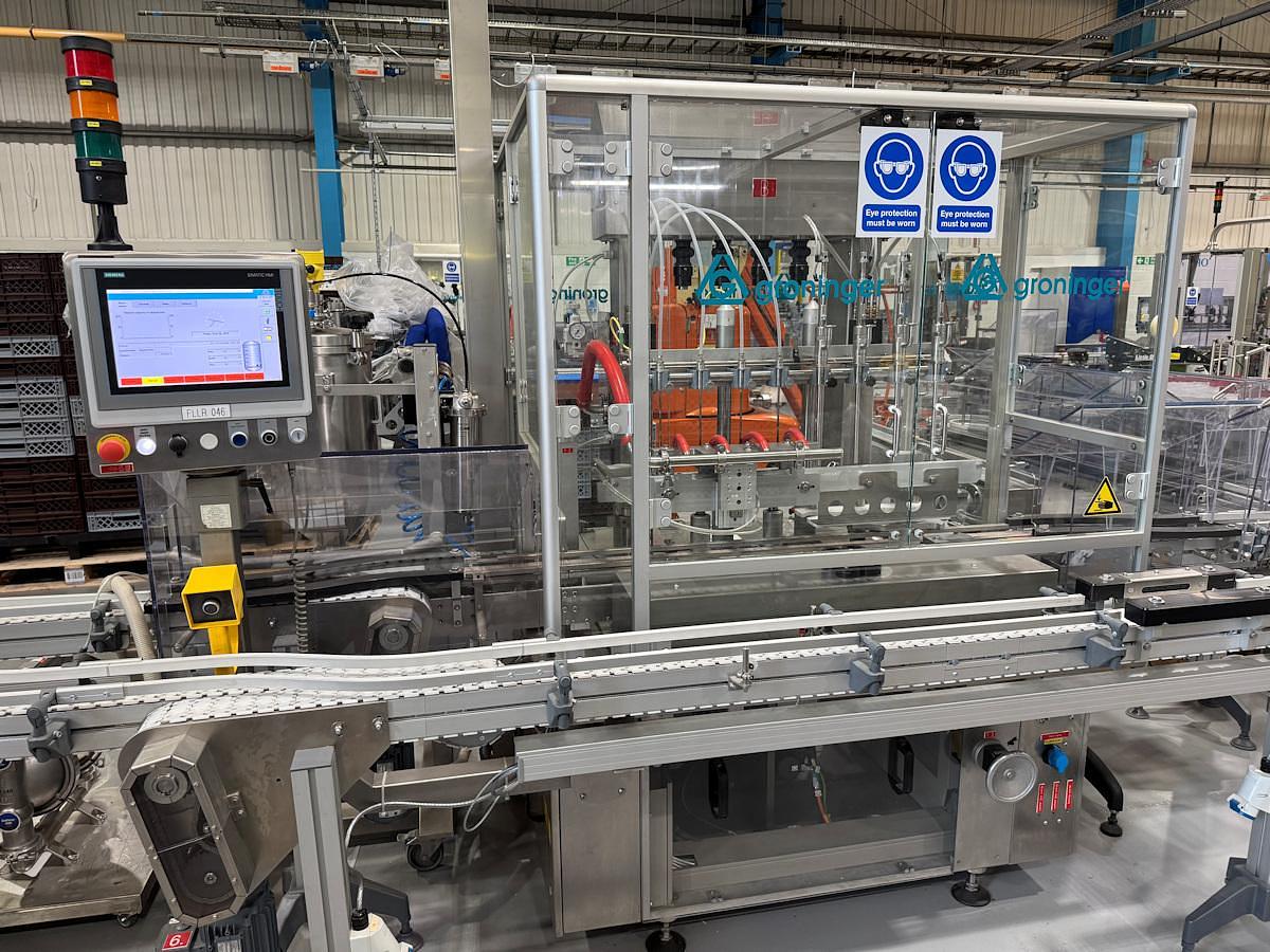 Used J 13000 E - Liquid Filling, Closing and Packaging Line GRONINGER DFV 4005 / MCS 202L / OPTIMA CMF