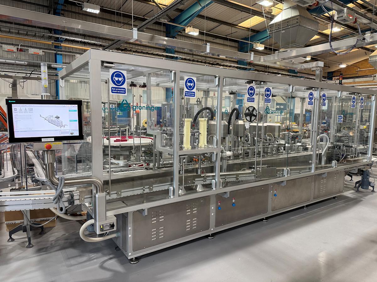 Used J 13000 E - Liquid Filling, Closing and Packaging Line GRONINGER DFV 4005 / MCS 202L / OPTIMA CMF