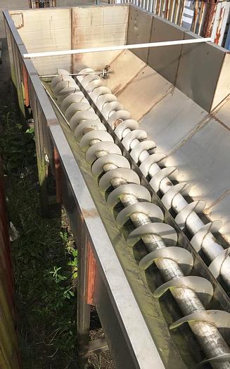 Used Binge (hopper) – for 30 m3 of meat discards. This binge contains two stainless steel (new) conveyors – each controlled by separate Reynold gear motors.