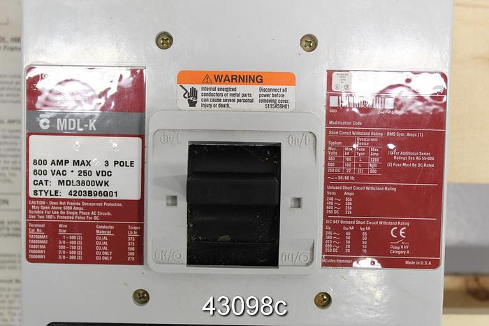 Unused Cutler Hammer MDL3800WK Circuit Breaker #43098