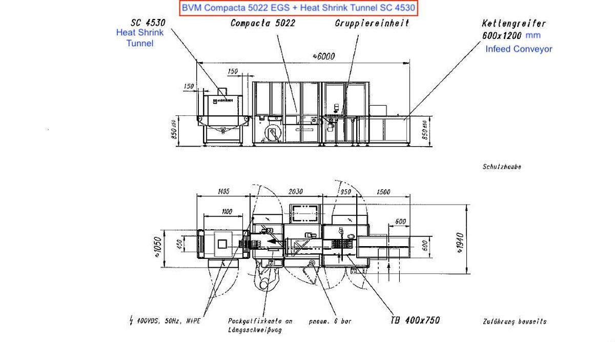 Used 2014 BVM Compacta Sleever + Cermex  Cartoner BVM Compacta 5022 EGS + SC 4530 Heat Shrink Tunnel