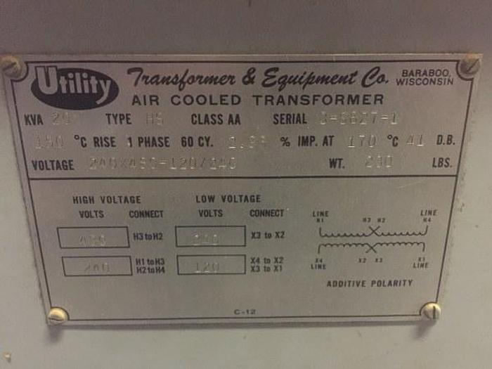 Used UTILITY AIR COOLED 20 KVA SINGLE-PHASE TRANSFORMER