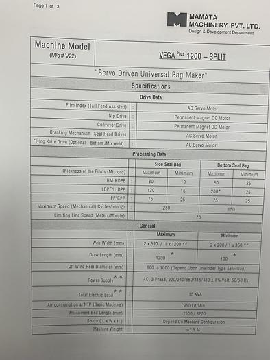 Used MAMATA VEGA-1200-SPLIT