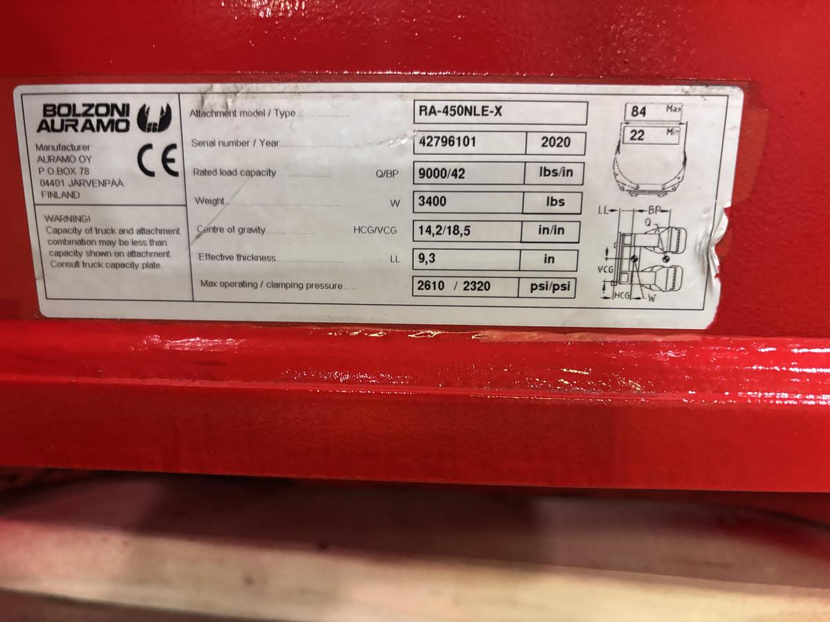 Used 84" BOLZONI AURAMO RA-450NLE-X PAPER ROLL CLAMP CLASS IV MANUFACTURED 2020