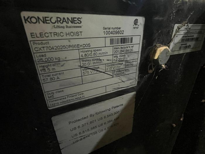 Used KONECRANES 25 TON CAPACITY ELECTRIC HOIST WITH TROLLEY 575V 60HZ BUILT 2019