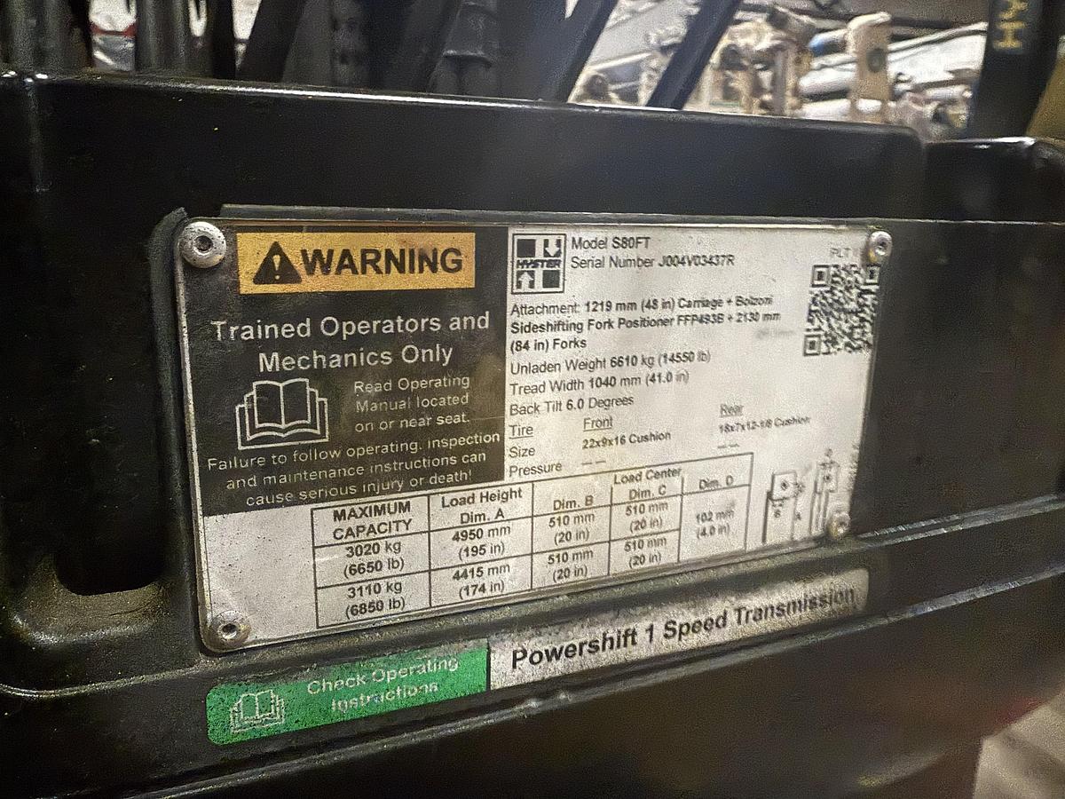 Used 8,000 POUND LB. HYSTER MODEL S80FT FORKLIFT WITH SIDESHIFT AND FORK POSITIONING