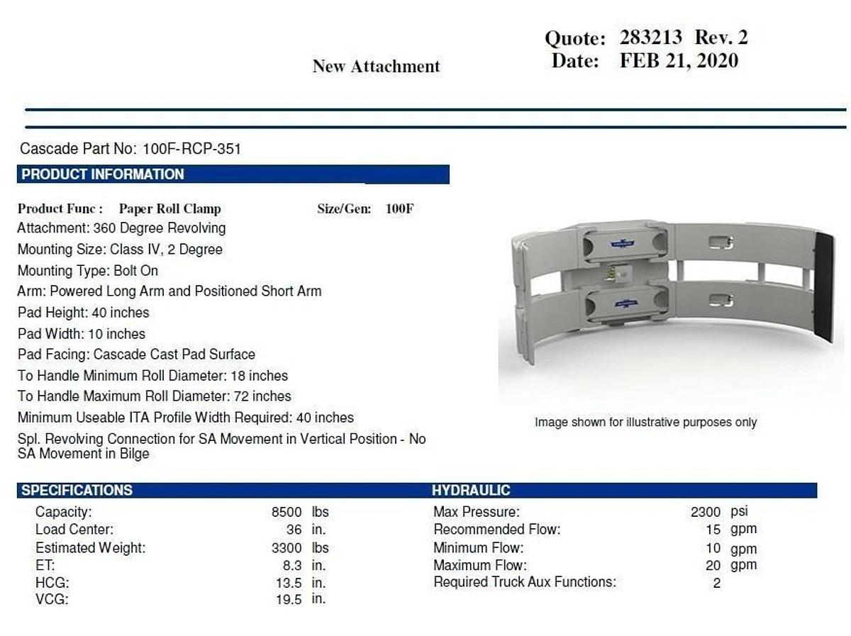 Used 72" CASCADE MODEL 100F-RCP-351 PAPER ROLL CLAMP CLASS IV MANUFACTURED 2020